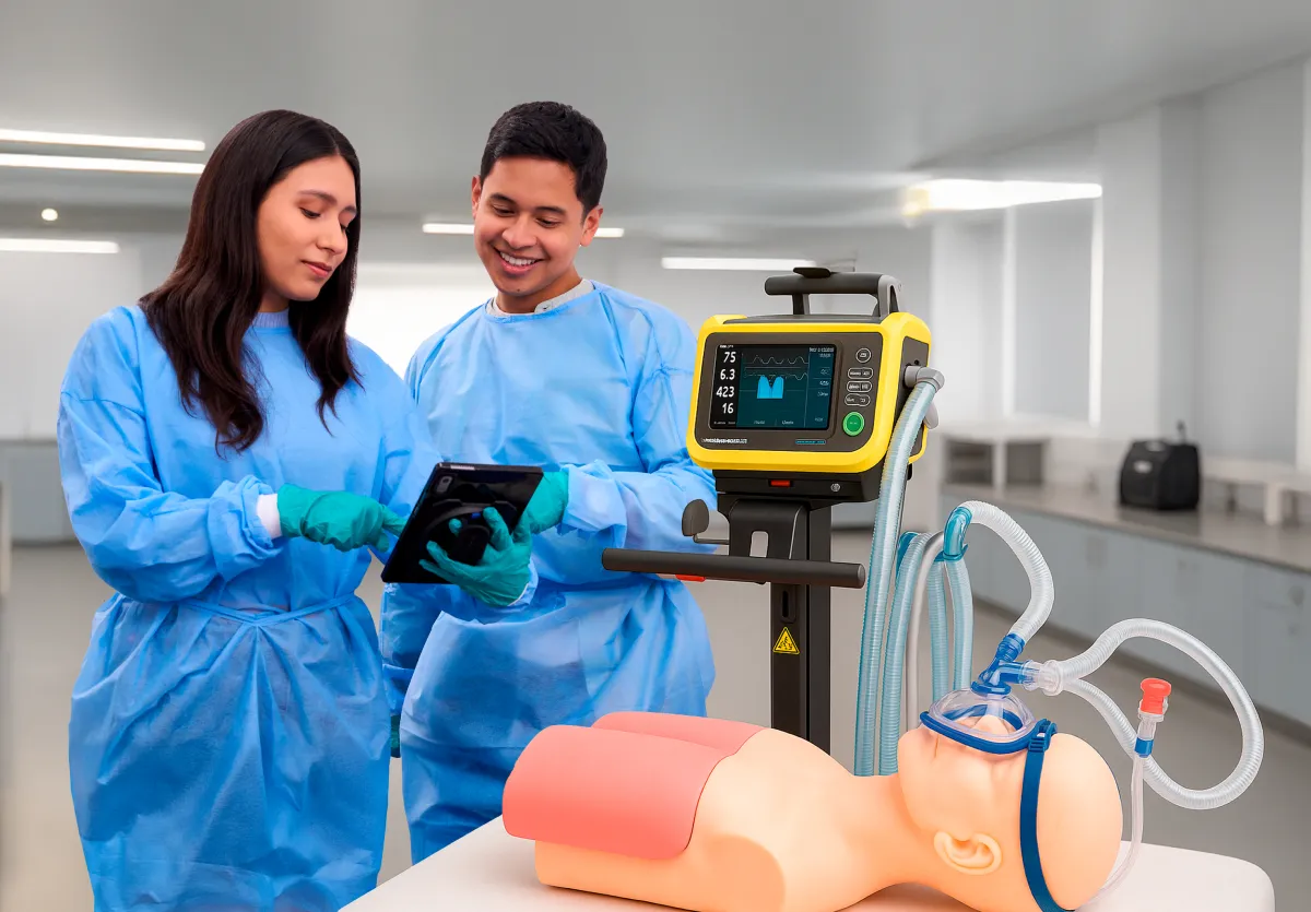Estudiantes practicando técnicas médicas con un maniquí y equipo clínico en un laboratorio